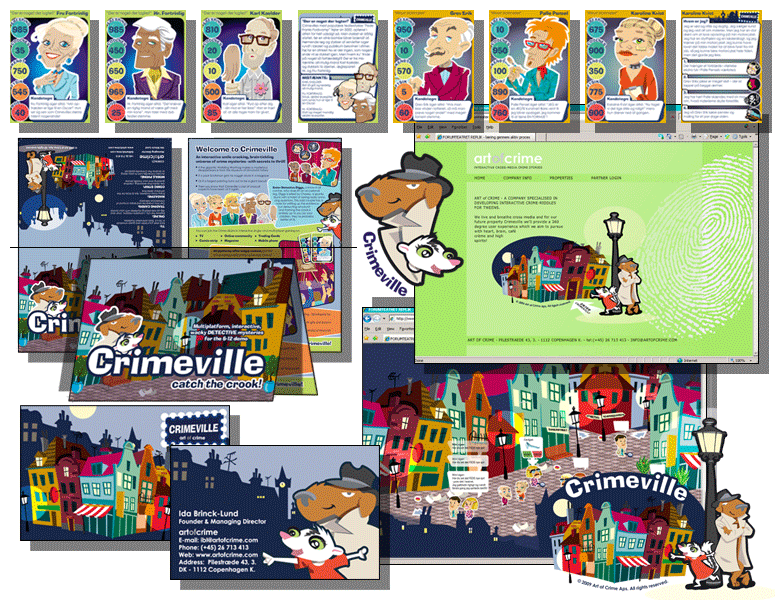 CRIMEVILLE - B&oslash;rne community - layout af tradingcards, comicstrip, magasin mv for Art of Crime